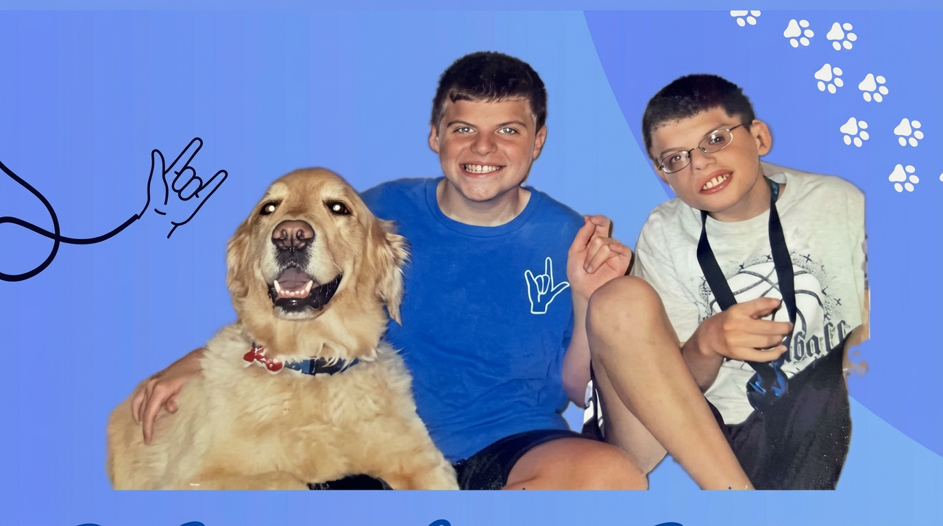 The two pawsome brothers with their golden retriever