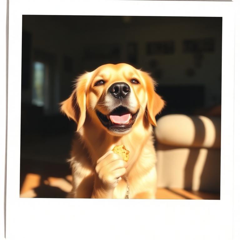 Happy golden retriever with a treat
