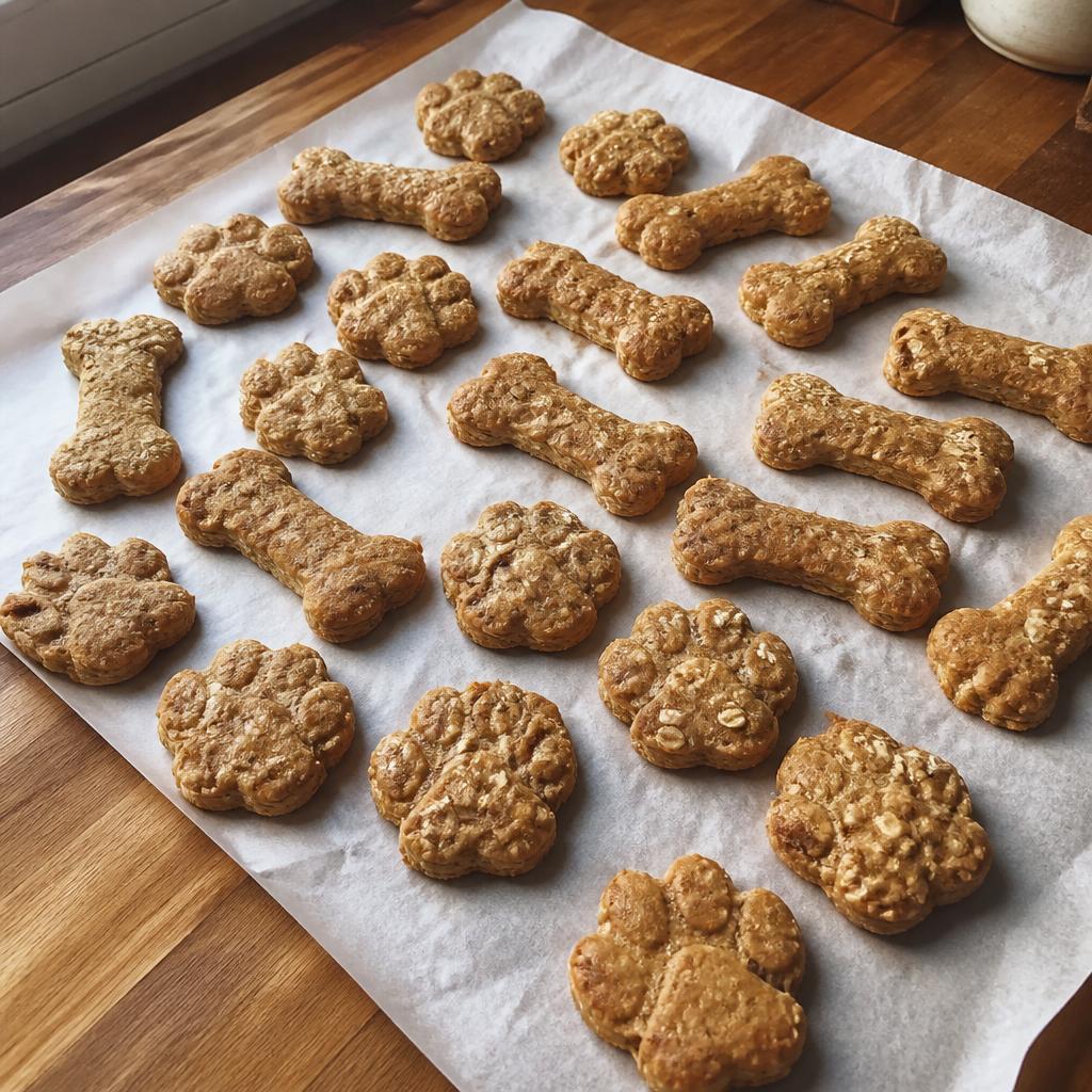 Homemade bone shaped dog treats on parchment paper